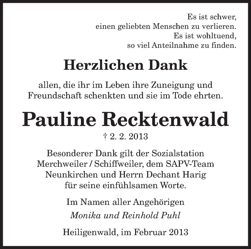  Traueranzeige für Pauline Recktenwald vom 23.02.2013 aus saarbruecker_zeitung