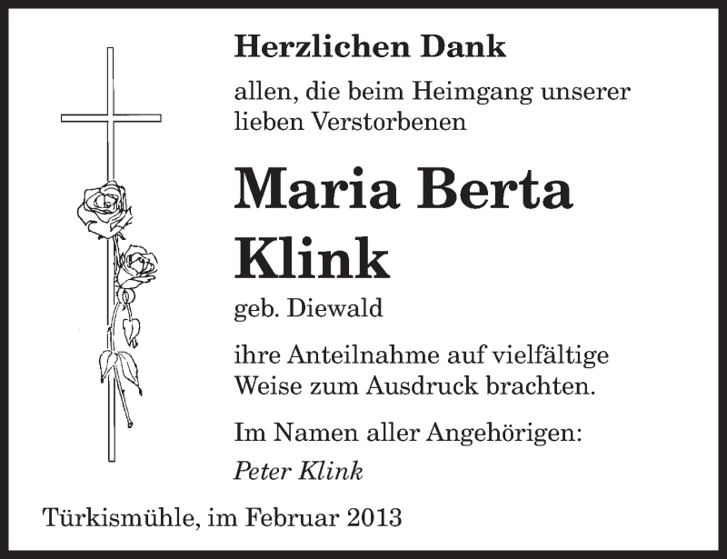  Traueranzeige für Maria Berta Klink vom 21.02.2013 aus saarbruecker_zeitung