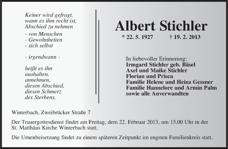  Traueranzeige für Albert Stichler vom 21.02.2013 aus saarbruecker_zeitung
