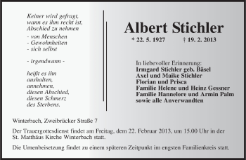 Traueranzeige von Albert Stichler von saarbruecker_zeitung