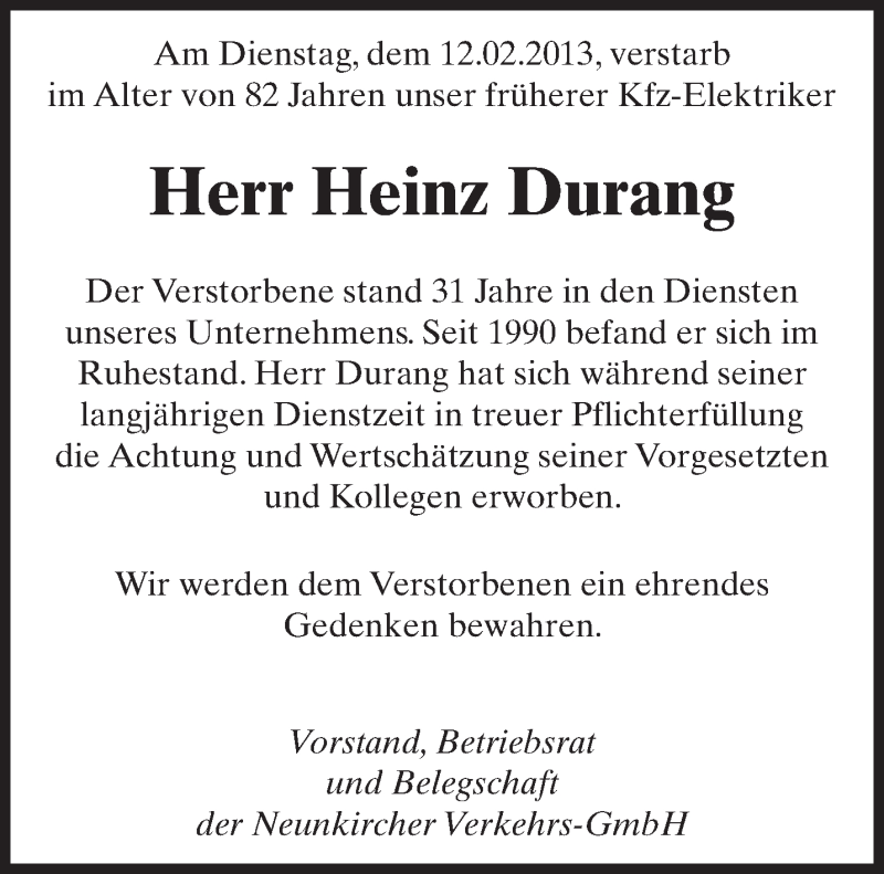  Traueranzeige für Heinz Durang vom 21.02.2013 aus saarbruecker_zeitung