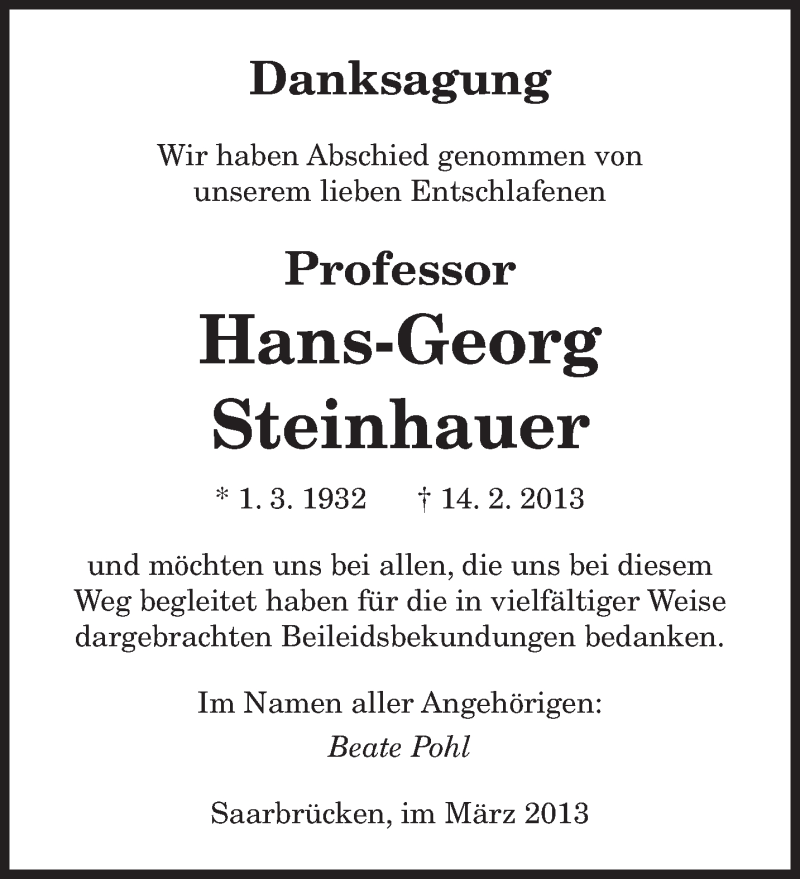 Traueranzeige für Hans-Georg Steinhauer vom 09.03.2013 aus saarbruecker_zeitung