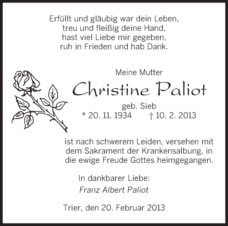 Traueranzeige für Christine Paliot vom 22.02.2013 aus saarbruecker_zeitung