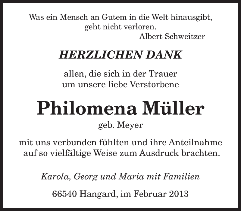  Traueranzeige für Philomena Müller vom 23.02.2013 aus saarbruecker_zeitung