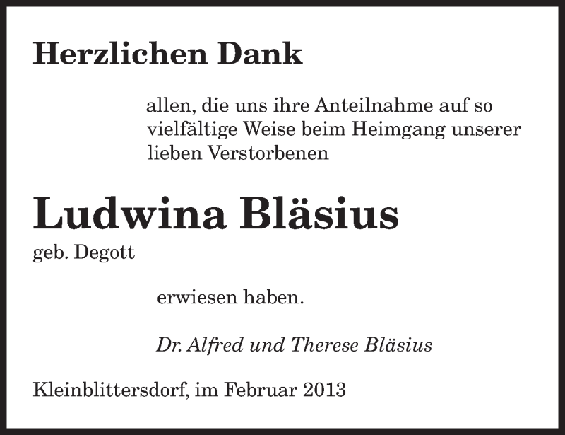  Traueranzeige für Ludwina Bläsius vom 23.02.2013 aus saarbruecker_zeitung