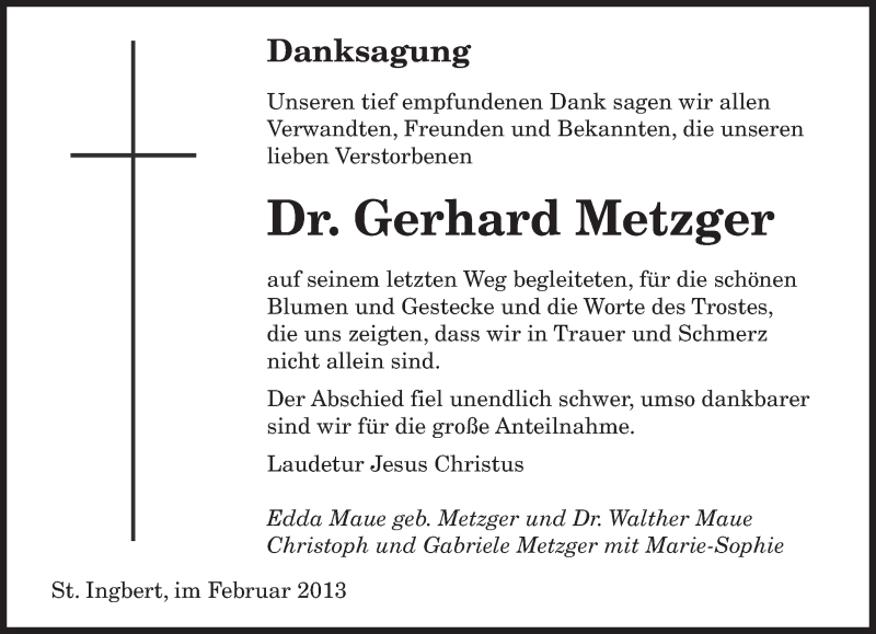  Traueranzeige für Gerhard Metzger vom 23.02.2013 aus saarbruecker_zeitung