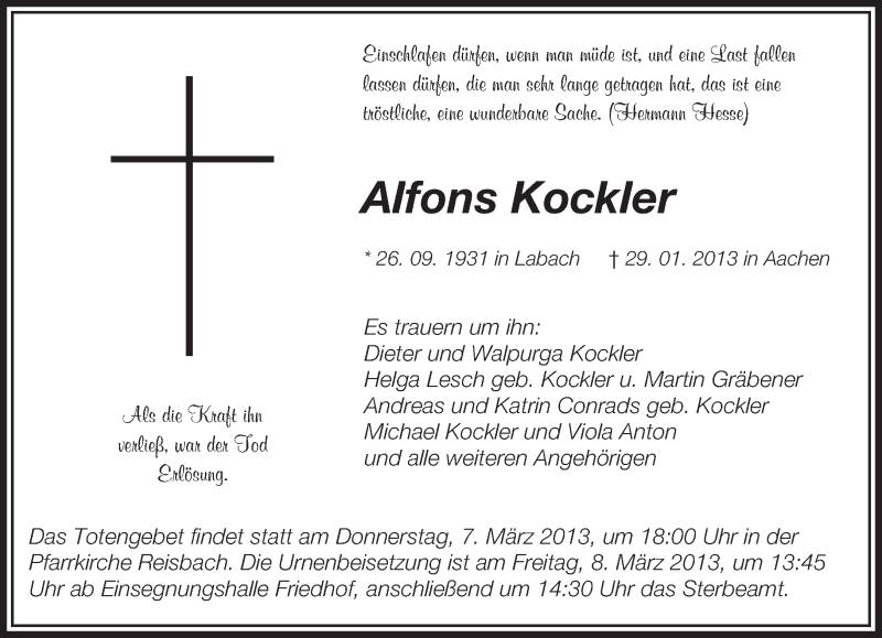  Traueranzeige für Alfons Kockler vom 02.03.2013 aus saarbruecker_zeitung