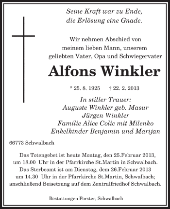 Traueranzeige von Alfons Winkler von saarbruecker_zeitung