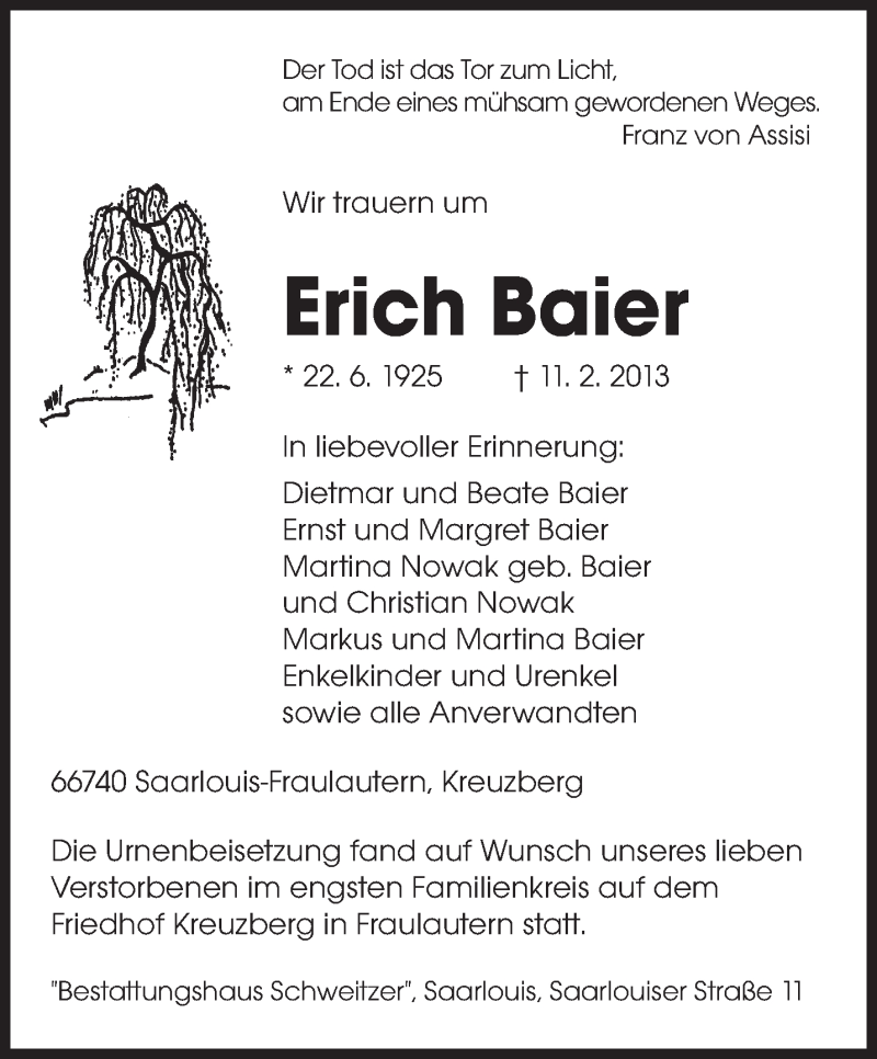  Traueranzeige für Erich Baier vom 23.02.2013 aus saarbruecker_zeitung