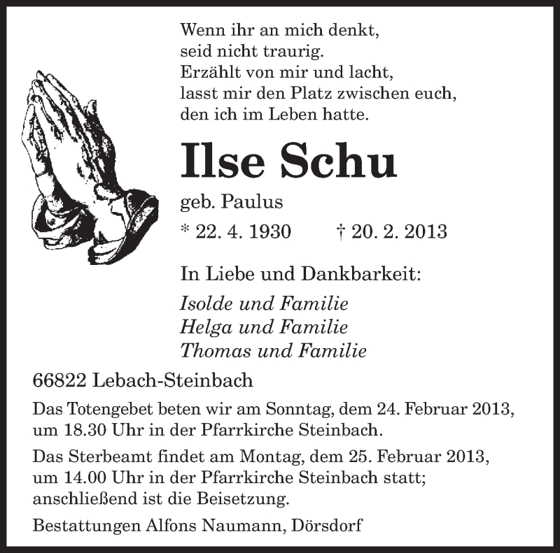  Traueranzeige für Ilse Schu vom 23.02.2013 aus saarbruecker_zeitung