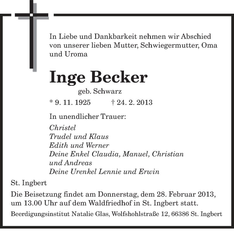  Traueranzeige für Inge Becker vom 26.02.2013 aus saarbruecker_zeitung