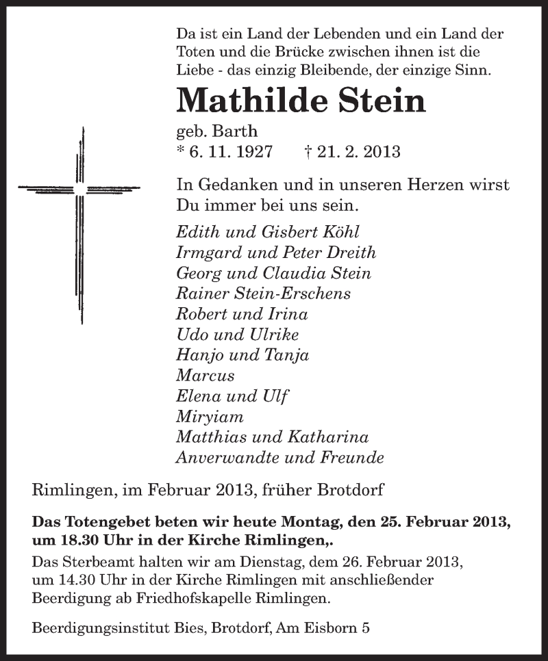  Traueranzeige für Mathilde Stein vom 25.02.2013 aus saarbruecker_zeitung