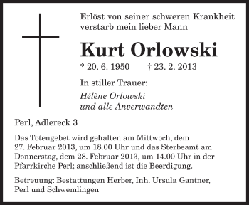 Traueranzeige von Kurt Orlowski von saarbruecker_zeitung