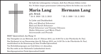 Traueranzeige von Maria und Hermann Lang von saarbruecker_zeitung