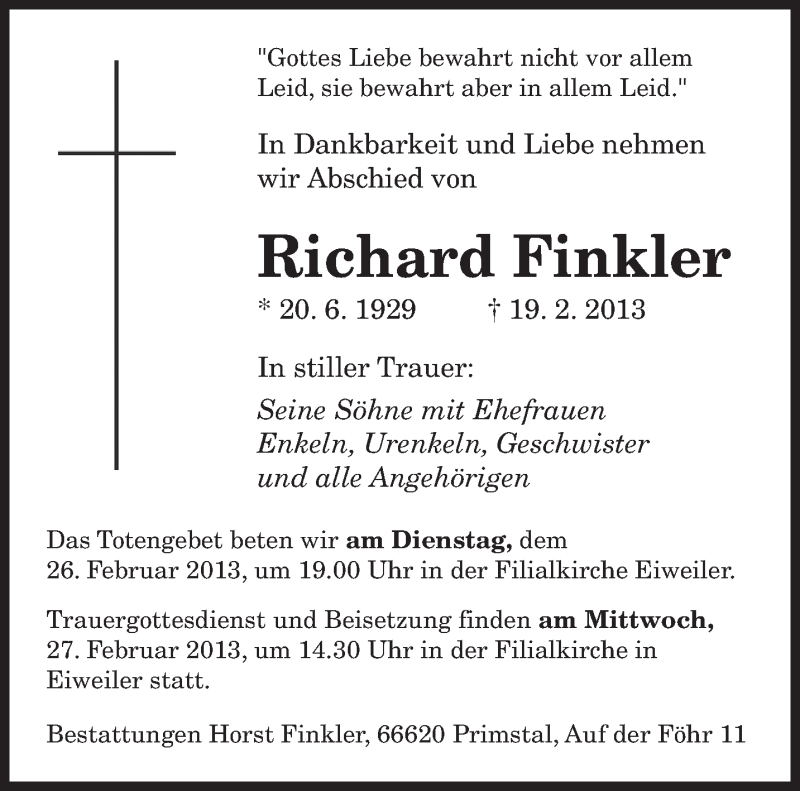  Traueranzeige für Richard Finkler vom 25.02.2013 aus saarbruecker_zeitung