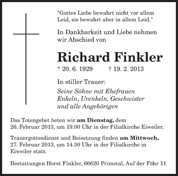 Traueranzeige von Richard Finkler von saarbruecker_zeitung