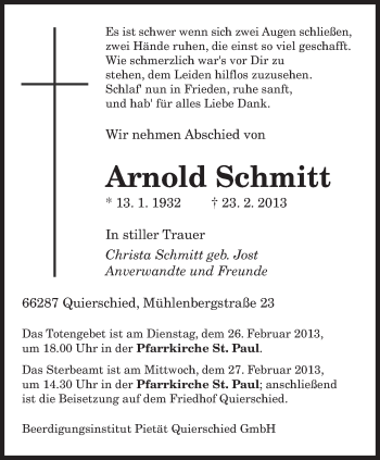 Traueranzeige von Arnold Schmitt von saarbruecker_zeitung