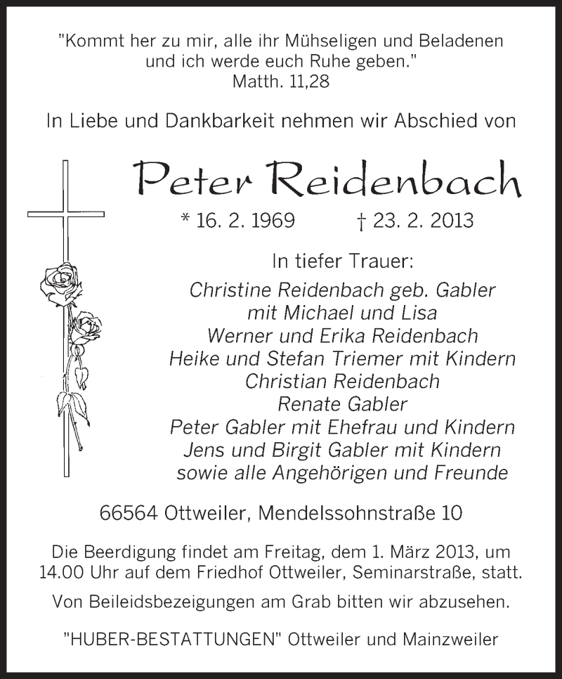  Traueranzeige für Peter Reidenbach vom 26.02.2013 aus saarbruecker_zeitung