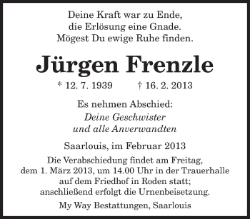 Traueranzeige von Jürgen Frenzle von saarbruecker_zeitung