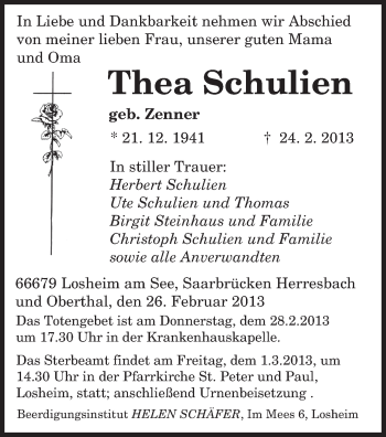 Traueranzeige von Thea Schulien von saarbruecker_zeitung