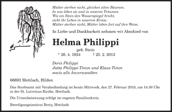Traueranzeige von Helma Philippi von saarbruecker_zeitung