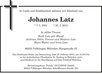 Traueranzeige von Johannes Latz von saarbruecker_zeitung