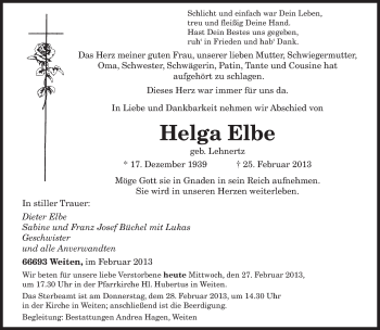 Traueranzeige von Helga Elbe von saarbruecker_zeitung