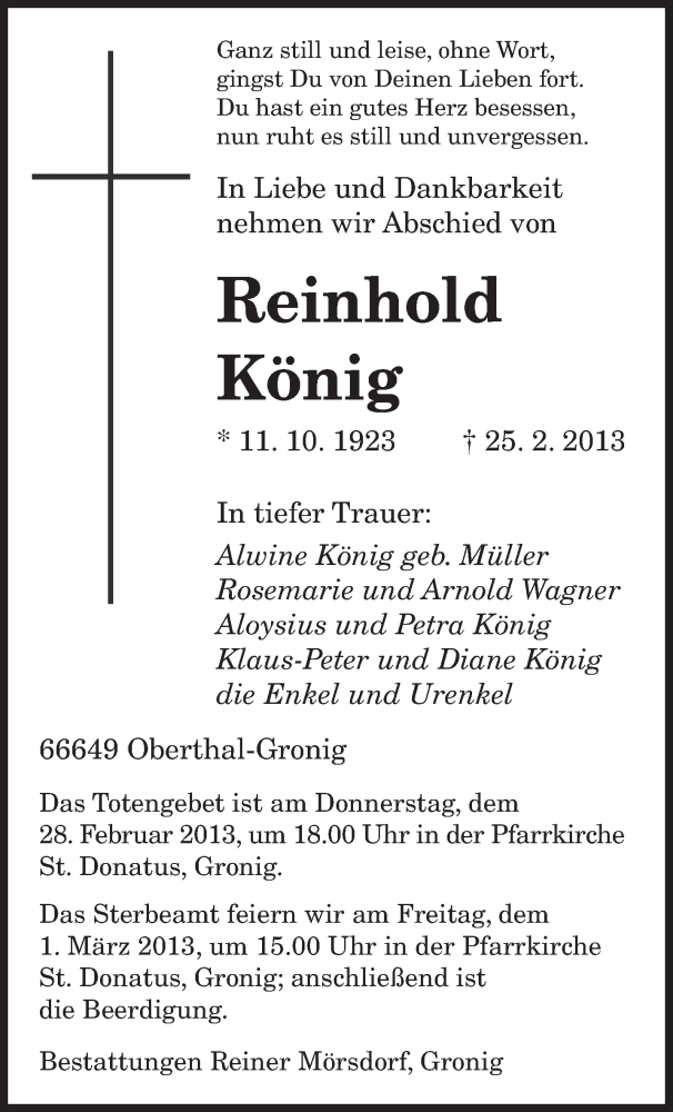  Traueranzeige für Reinhold König vom 27.02.2013 aus saarbruecker_zeitung