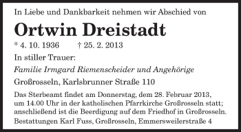 Traueranzeige von Ortwin Dreistadt von saarbruecker_zeitung