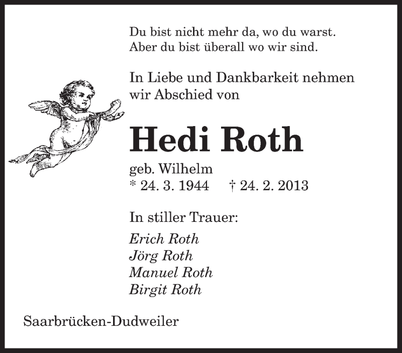  Traueranzeige für Hedi Roth vom 02.03.2013 aus saarbruecker_zeitung