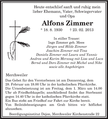 Traueranzeige von Alfons Zimmer von saarbruecker_zeitung