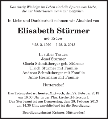 Traueranzeige von Elisabeth Stürmer von saarbruecker_zeitung