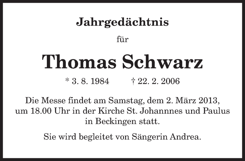  Traueranzeige für Thomas Schwarz vom 27.02.2013 aus saarbruecker_zeitung