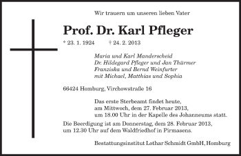 Traueranzeige von Karl Pfleger von saarbruecker_zeitung
