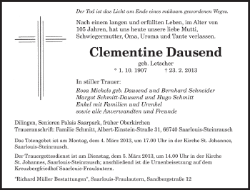 Traueranzeige von Clementine Dausend von saarbruecker_zeitung