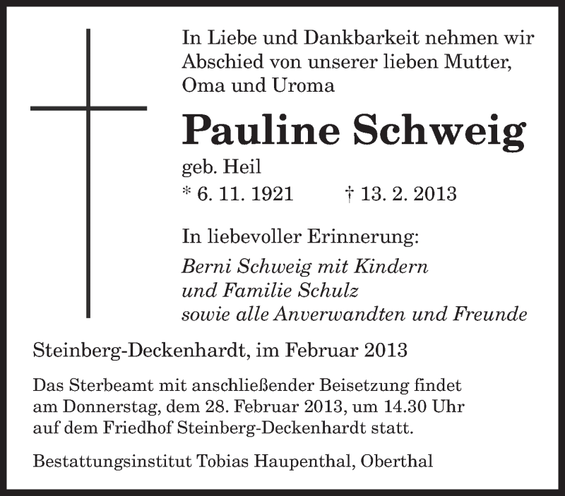  Traueranzeige für Pauline Schweig vom 27.02.2013 aus saarbruecker_zeitung