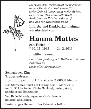 Traueranzeige von Hanna Mattes von saarbruecker_zeitung
