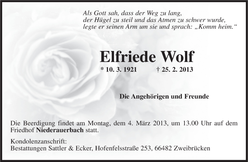  Traueranzeige für Elfriede Wolf vom 27.02.2013 aus saarbruecker_zeitung