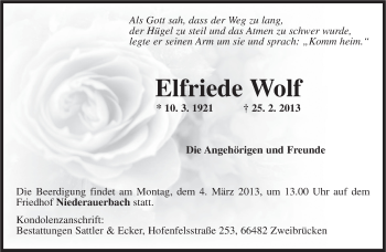Traueranzeige von Elfriede Wolf von saarbruecker_zeitung