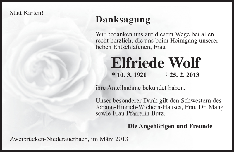  Traueranzeige für Elfriede Wolf vom 16.03.2013 aus saarbruecker_zeitung