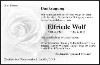 Traueranzeige von Elfriede Wolf von saarbruecker_zeitung