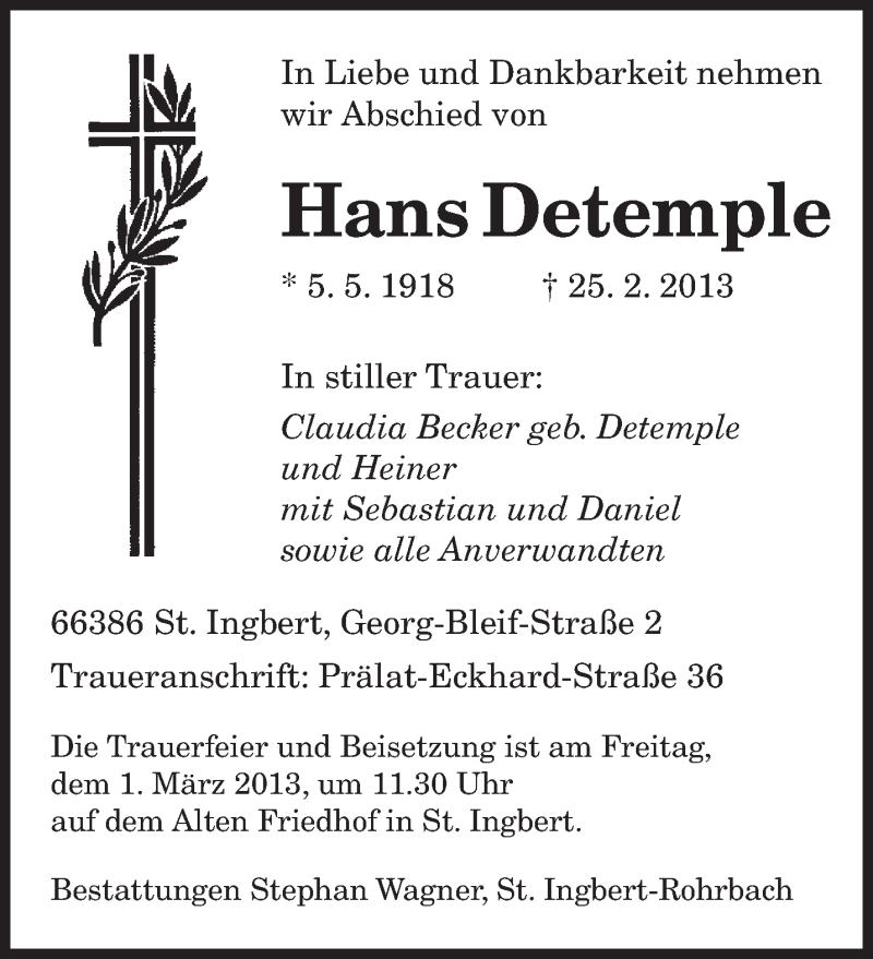  Traueranzeige für Hans Detemple vom 27.02.2013 aus saarbruecker_zeitung