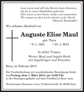 Traueranzeige von Auguste Elise Maul von saarbruecker_zeitung