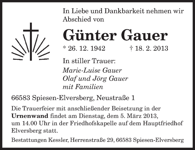  Traueranzeige für Günter Gauer vom 28.02.2013 aus saarbruecker_zeitung