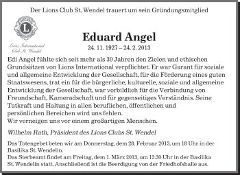 Traueranzeige von Eduard Angel von saarbruecker_zeitung