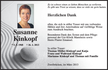 Traueranzeige von Susanne Kinkopf von saarbruecker_zeitung