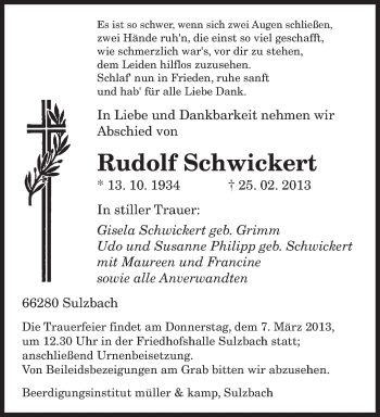 Traueranzeige von Rudolf Schwickert von saarbruecker_zeitung