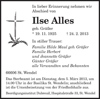 Traueranzeige von Ilse Alles von saarbruecker_zeitung