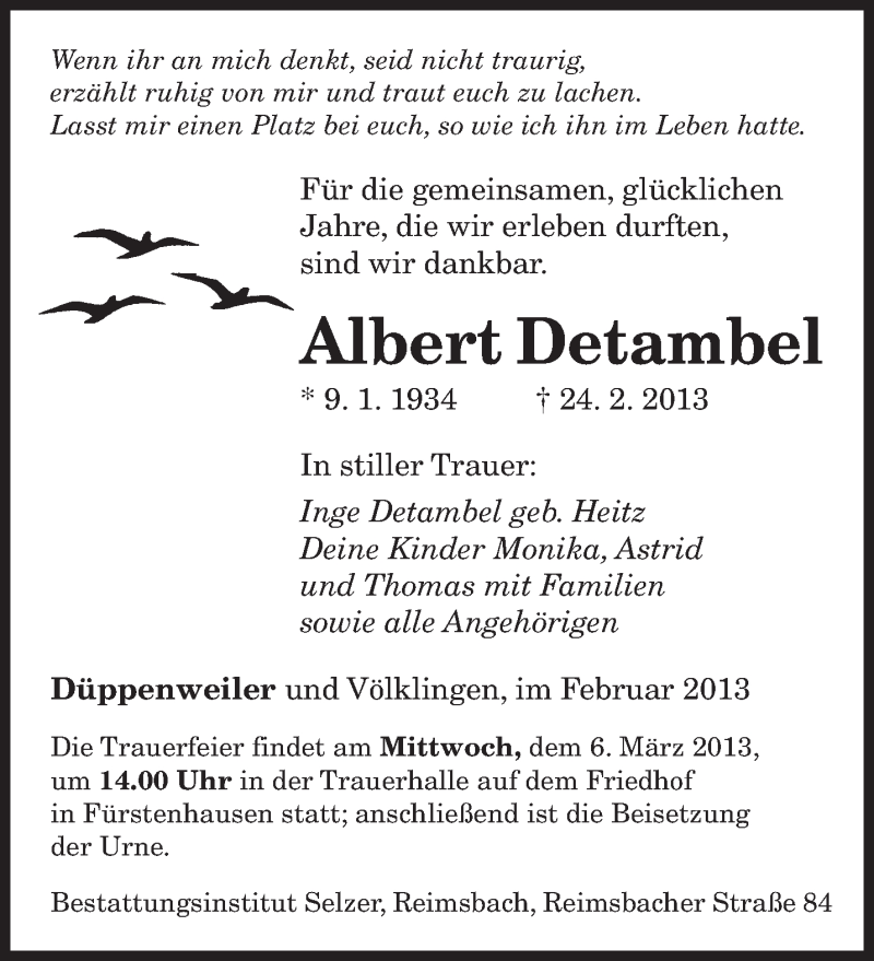  Traueranzeige für Albert Detambel vom 01.03.2013 aus saarbruecker_zeitung