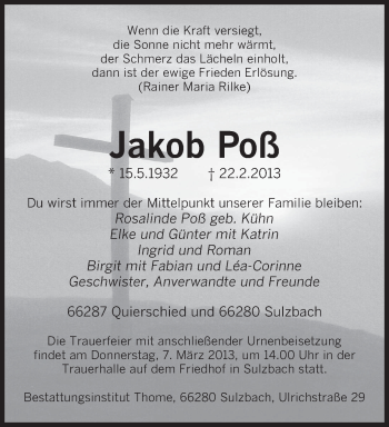 Traueranzeige von Jakob Poß von saarbruecker_zeitung